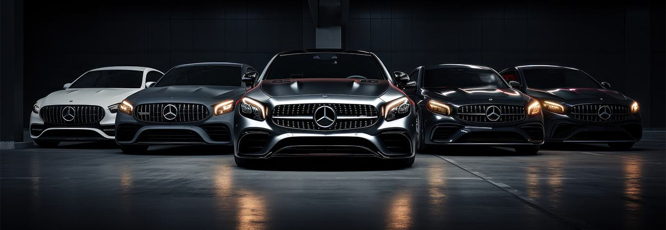 Premium cars in a dark automotive showroom